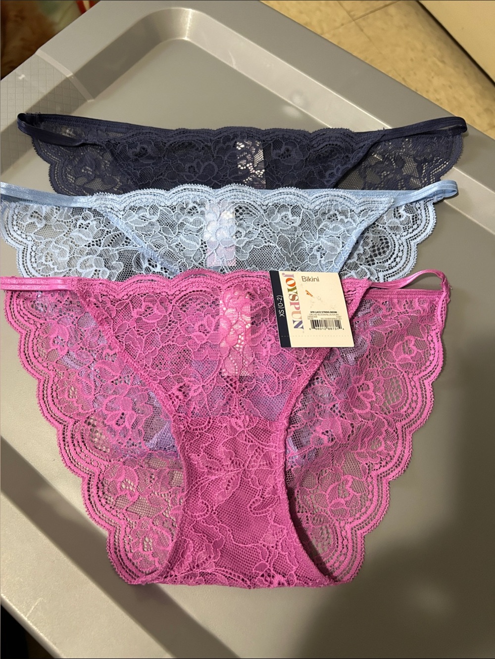 Joyspun 3-Pack Lace Bikini Panties - Pink, Light Blue & Navy